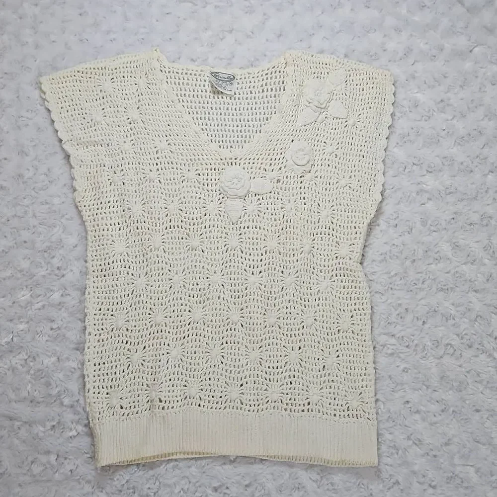 Vintage Parrimello Open Knit Cream Sleeveless Top with Roses